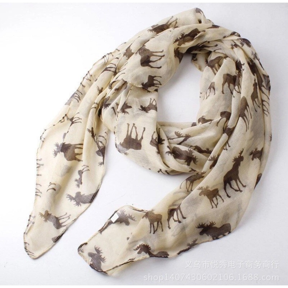 Moose Print Scarf Shawl Womens OS Beige Lightweight Rustic Lodge Cabincore 73x34